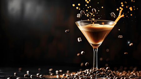 Espresso Martini drink with splashes and falling coffee beans on a black background. Copy space.の素材