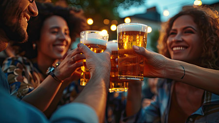 Evening group of friends drinking beer and clinking glasses.の素材