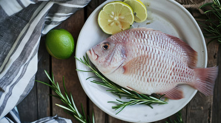 Fresh raw tilapia fish from the tilapia farm, Tilapia with white plate with rosemary lemon lime on wooden background - top viewの素材
