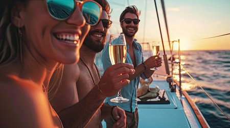 Group of diverse friends drink champagne while having a party in yacht. Attractive young men and women hanging out, celebrating holiday vacation trip while catamaran boat sailing during summer sunset.の素材