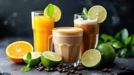 Latte, Americano, Orange juice, Lime tea served on dark background.の素材