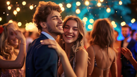 Photo portrait of carefree people together dancing at prom party having fun time wearing formal beautiful chic clothesの素材