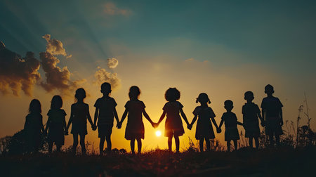 Silhouette back refugee kid group.Responsible.Kid child boy and girl worship.World kids day, Pray and worship, Hope, freedom, Diverse, Faith.World refugee day.Juneteenth kid.Friends.Potential unlock.の素材