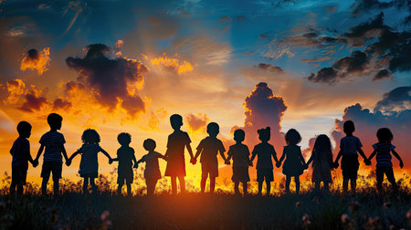 Silhouette back refugee kid group.Responsible.Kid child boy and girl worship.World kids day, Pray and worship, Hope, freedom, Diverse, Faith.World refugee day.Juneteenth kid.Friends.Potential unlock.の素材
