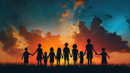 Silhouette back refugee kid group.Responsible.Kid child boy and girl worship.World kids day, Pray and worship, Hope, freedom, Diverse, Faith.World refugee day.Juneteenth kid.Friends.Potential unlock.の素材