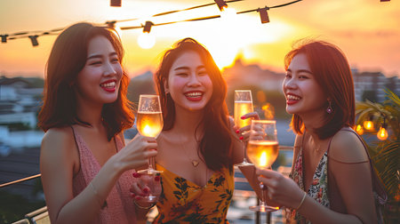 Beautiful Asian women partying in rooftop bar and toasting drinks at sunset. Happy young people enjoying drinks on rooftop in evening. Concept about women night out.の素材