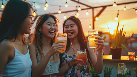 Beautiful Asian women partying in rooftop bar and toasting drinks at sunset. Happy young people enjoying drinks on rooftop in evening. Concept about women night out.の素材