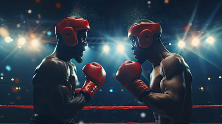Two athletic and muscular body boxers with safety helmet or boxing head guard face off in fierce boxing match. Boxing fighter competitor fighting in the boxing ring. Impetusの素材