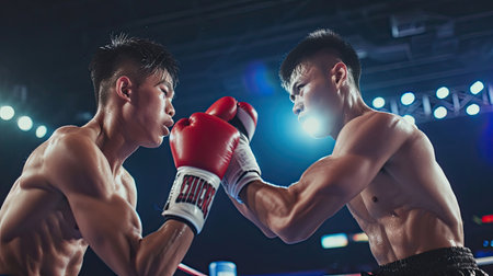 Two asian young professional boxer having a competition tournament on stage. Attractive male athlete fighters muscular shirtless punches and hitting competitor enjoy boxing exercise in the ring at stadium.の素材
