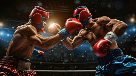Two athletic and muscular body boxers with safety helmet or boxing head guard face off in fierce boxing match. Boxing fighter competitor fighting in the boxing ring. Impetusの素材
