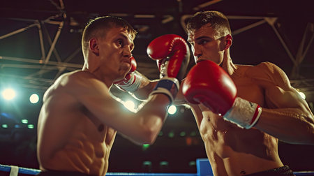 Two young professional boxer having a competition tournament on stage. Attractive male athlete fighters muscular shirtless punches and hitting competitor enjoy boxing exercise in the ring at stadium.の素材