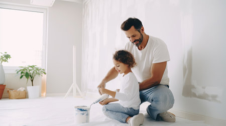 Repair in the apartment. Happy child girl paints the wall with blue paintの素材