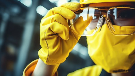 Closeup of Professional Construction Worker Wearing Yellow Hard Hat, Protective Glasses and Gloves. Industrial Safety Equipment Theme, Generative AIの素材