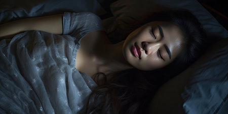 Asian woman, her stomach aches hard She wakes up in the middle of the night while she sleeps.の素材