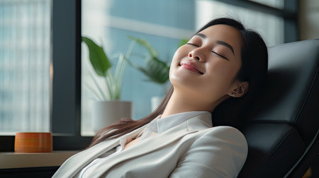 Asian working women relaxed from work, she was glad.の素材