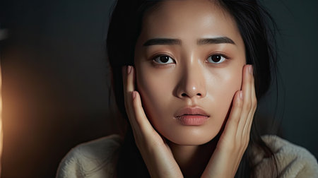 Bored, insomnia Asian young woman, girl looking at mirror, without makeup, touch under eyes with problem of dark circles, puffiness, swollen or wrinkles on face. Sleepless, sleepy peopleの素材