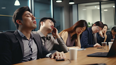 Group of business people exhausted from hard work and overworking so they falling asleep on the table while their boss shrugging shoulders to make don't know gesture during meeting in conference roomの素材