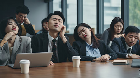 Group of business people exhausted from hard work and overworking so they falling asleep on the table while their boss shrugging shoulders to make don't know gesture during meeting in conference roomの素材