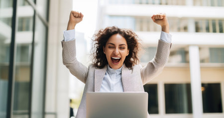 A happy young businesswoman celebrating success with arms raised in front of a laptop, fists clenched. The freelancer has finished a projectの素材