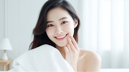 Portrait of a young beautiful Asian woman Happy cheerful relaxing in summer. Korean Asian makeup wakeup University Asia lifestyle conceptの素材