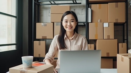 Starting Small business entrepreneur freelance, Portrait young Asian woman working at home office with computer, online, marketing, packaging, delivery, SME, e-commerce conceptの素材