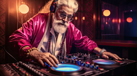 Funny grandpa is a dj. Authentic mature man in cool outfit working at turntables in a nightclub, rocking the party upの素材