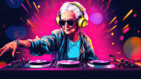 Amazing grandma DJ, older lady djing and partying in a disco settingの素材