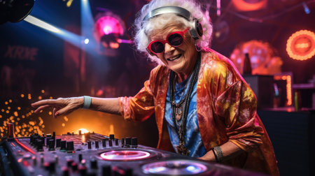 Cheerful elderly woman plays music on a DJ console. A disco party in a nightclub for young and overweight people. Age of health, leisure, and entertainment in retirementの素材