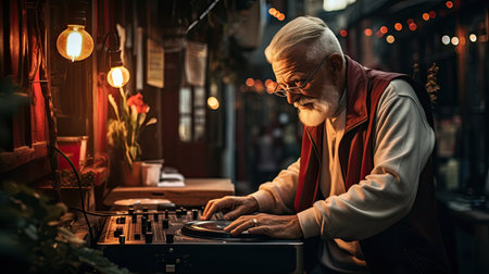 Mature man playing music on a turntable against a pub lightingの素材