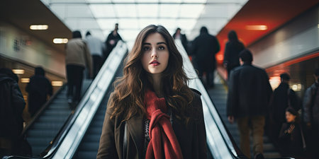Woman on escalators front viewの素材