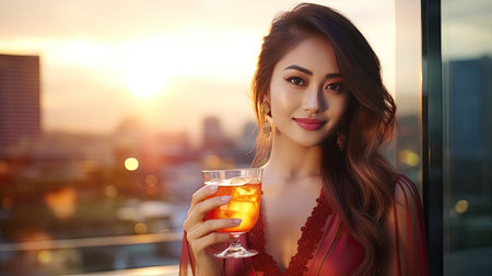 Asian woman drinking cocktail while waiting for meeting with friends at skyscraper rooftop restaurant in metropolis at summer sunset. Beautiful female enjoy outdoor lifestyle in the city at nightの素材