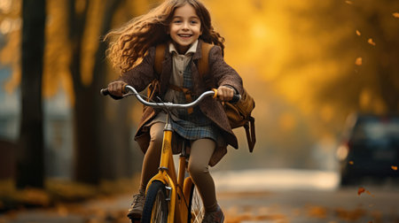 A child girl riding a bicycle goes to schoolの素材
