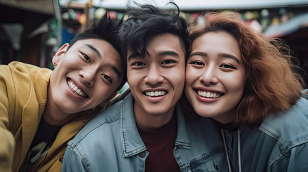 Young diverse friends having fun outdoor - Focus on gay Asian guy wearing make-upの素材