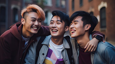 Young diverse friends having fun outdoor - Focus on gay Asian guy wearing make-upの素材