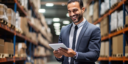 Smiling and laughing salesman in a hardware warehouse standing checking supplies on his tablet.の素材