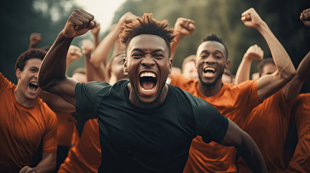 Young team of male athletes standing together and screaming in excitement. Diverse group of runners enjoying victory.の素材