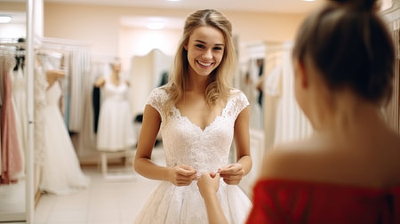 Woman try on wedding bride dress in the fitting roomの素材
