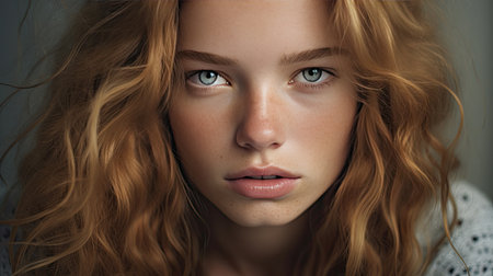 Portrait shot seamlessly blending the 21st century of today's fashion, image must show full head and hairの素材