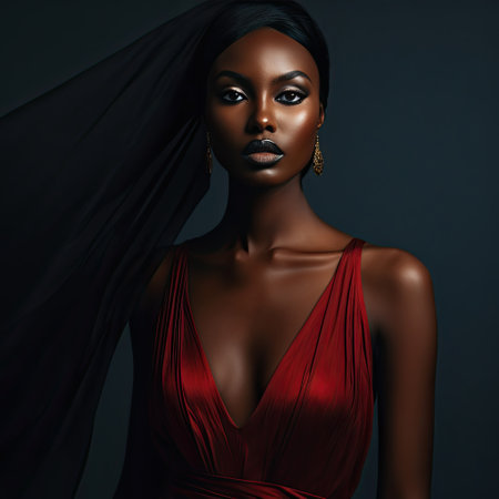A very dark-skinned woman in a high end photo shoot, very beautiful, controversial dressの素材