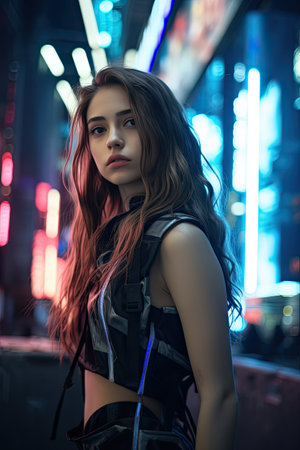 Girl With long flowing light brown hair, Background In a cyberpunk metropolis, where neon lights illuminate the darkened streets, she stands against a backdrop of towering skyscrapersの素材