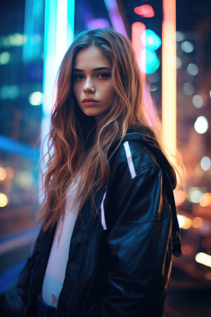 Girl With long flowing light brown hair, Background In a cyberpunk metropolis, where neon lights illuminate the darkened streets, she stands against a backdrop of towering skyscrapersの素材