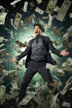 Dollar bills flying in the air towards an excited business ownerの素材