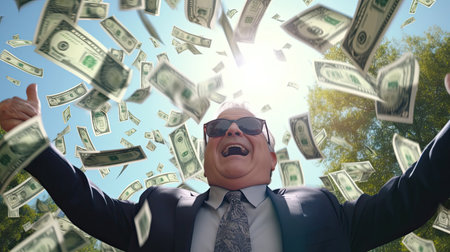 Dollar bills flying in the air towards an excited business ownerの素材
