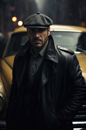 New york city gangster, Italian Mafia, Beanie, Rainy Day, Taxis in the Backgroundの素材