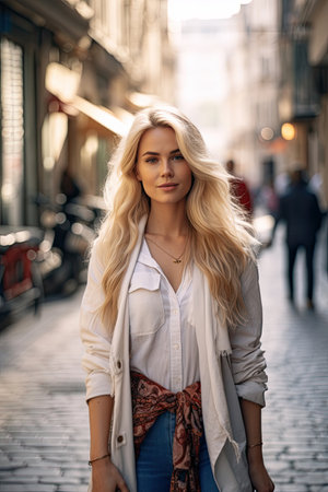 Gorgeous blonde woman walking down the sidewalk in streets of Istanbulの素材