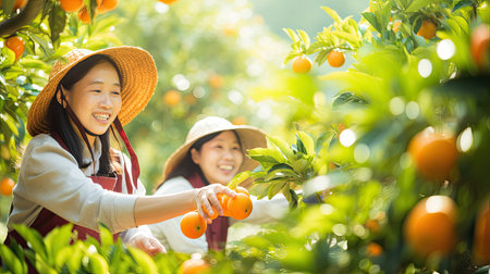 Asian farm women happily picking the harvest of oranges.の素材
