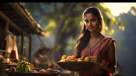 Indian young woman in a sari with a tray of fruits and vegetables, against the backdrop of a village in the jungle.の素材