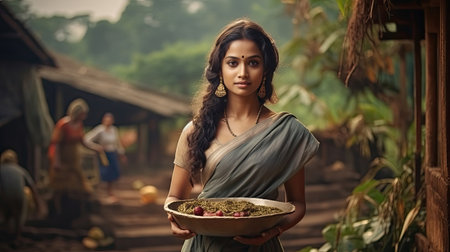 Indian young woman in a sari with a tray of fruits and vegetables, against the backdrop of a village in the jungle.の素材