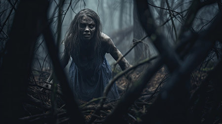 A Horror scene of a scary woman in the forestの素材