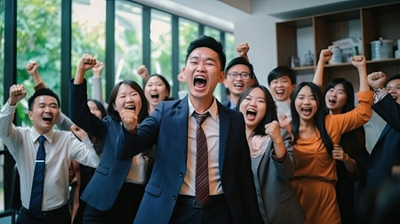 Group of Young Asian business team creative businesspeople coworker in office Happy to be successful partnership teamwork celebrating achievement and success concept.の素材